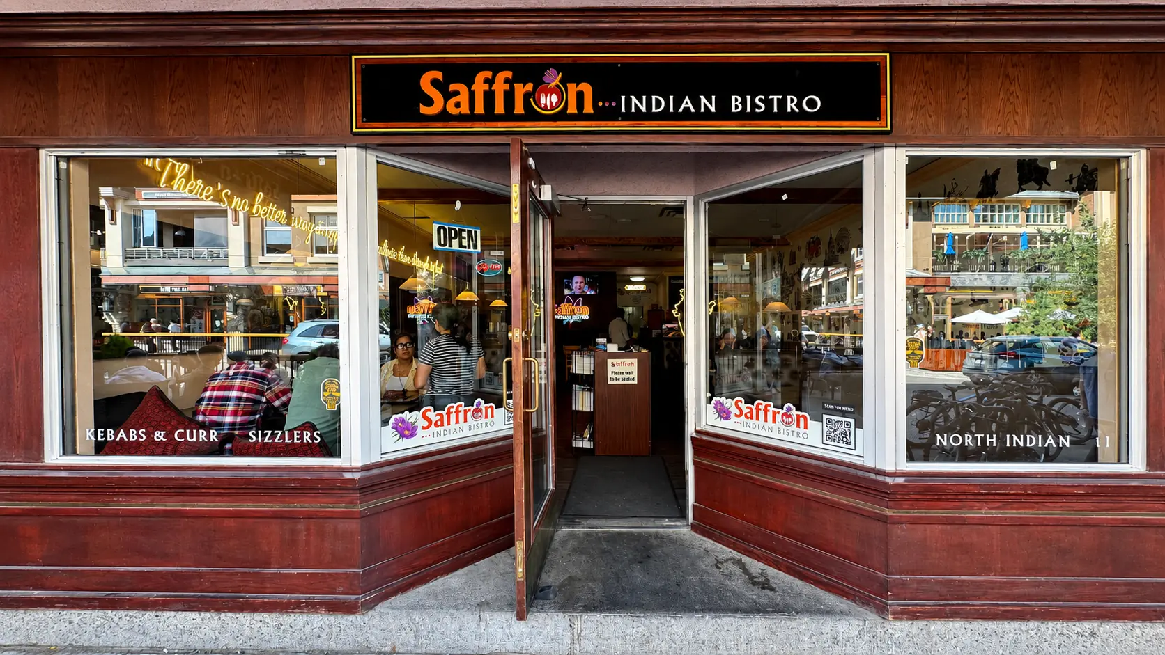 Saffron Indian Bistro storefront on Wolf Street in downtown Banff Alberta
